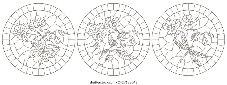 A set of contour illustrations of stained glass Windows with Hummingbird, butterflies, dragonflies and orchids, round images