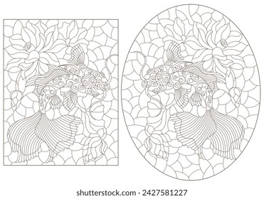 A set of contour illustrations of stained glass Windows with koi carp fishes on Lotus flowers , dark contours on a white background