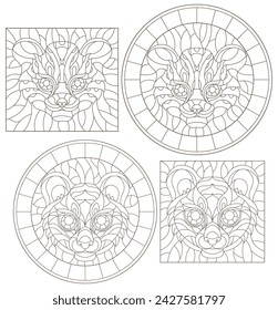 Set contour illustrations of stained glass with a Cheetah and tiger heads,  dark contours on white background