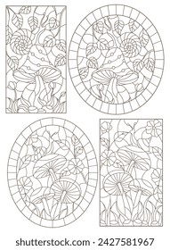 Set contour illustrations in the stained glass style snail on mushroom, dark outline on a white background