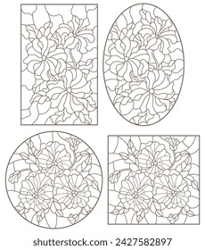 A set of contour illustrations of stained glass with flowers, dark contours on a white background
