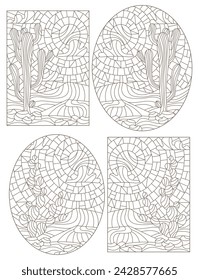 Set contour illustrations of stained glass with desert landscapes , cactus in a landscape of dunes and sky