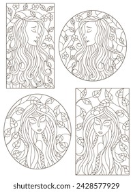 Set of contour illustrations of stained glass Windows with abstract girls on the background of tree branches, dark contours on a white background