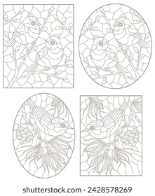 A set of contour illustrations of stained glass windows with birds on branches, dark contours on a white background