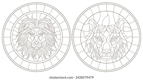 Set contour illustrations of stained glass with a lion's and tiger's head, dark contours on white background