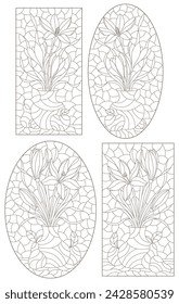 A set of contour illustrations in a stained glass style with floral still lifes and fruits, dark outlines on a white background