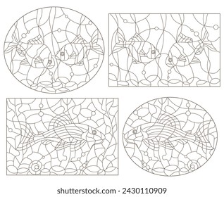 A set of contour illustrations of stained glass windows with aquarium fish barbuses and catfish, dark contours on a white background