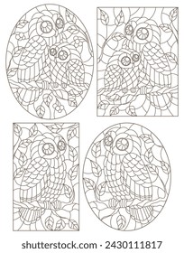 Set of contour illustrations in a stained glass siyle with a cute owls on a branches, dark contours on white background