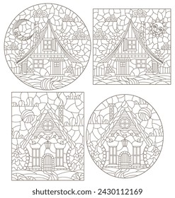Set of contour illustrations in stained glass style with cozy rural houses on a background of fir trees and sky, dark contours on a white background, rectangular images