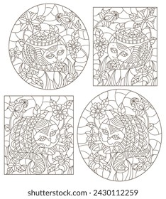 A set of contour illustrations of stained glass cats on a background of flowers, dark outline on a white background