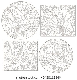 Set of contour illustrations of stained glass Windows with Hummingbird birds and flowers, dark outlines on a white background