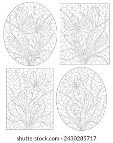 Set of contour illustrations in stained glass style with hyacinth flowers, dark outlines on a white background