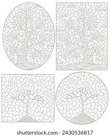 Set of contour illustrations in stained glass style with abstract trees, dark outlines on a white background