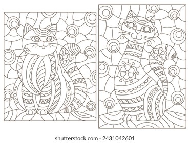 Set of contour illustrations of stained glass Windows with cute cartoon cats , dark contours on a white background