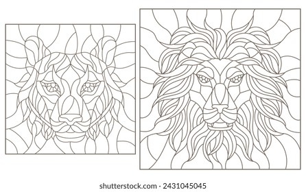 Set contour illustrations of stained glass with a lion's and tiger's head, dark contours on white background