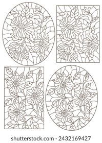 Set of contour illustrations in stained glass style with floral arrangements, dark contours on a white background