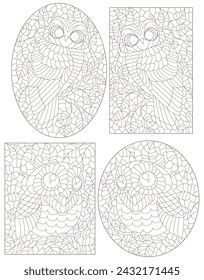 Set of contour illustrations of stained glass Windows with cute cartoon owls on tree branches, dark outlines on a white background