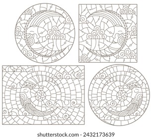 Set of contour illustrations of stained glass Windows with the moon and sky, round and rectangular image, dark contours on white background