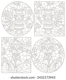 Set of contour illustrations of stained glass Windows with funny cartoon foxes and flowers, dark outlines on a white background
