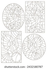 Set of contour illustrations of stained glass Windows with abstract doves , dark contours on a white background