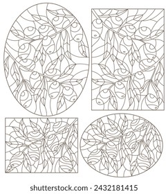 Set of contour illustrations of stained glass Windows with olive branches, rectangular and oval image, dark contours on a white background
