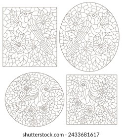 Set of contour illustrations in stained glass style with cute birds and flowers, dark outlines on a white background