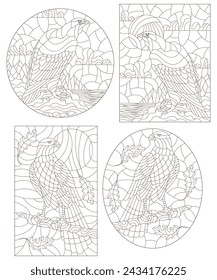 Set contour illustrations of stained glass with birds  hawk on a tree branch, dark outlines on white background