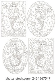 Set of contour illustrations of stained glass Windows with mermaids, dark contours on a white background