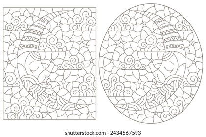 Set of contour illustrations of stained glass Windows with the moon and sky, round and rectangular image, dark contours on white background