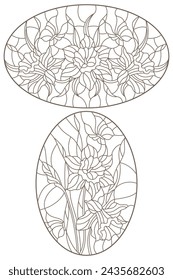 Set of contour illustrations of stained glass Windows with daffodils and butterflies flowers, , dark contours on a white background