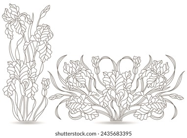 A set of contour illustrations of stained glass Windows with irises in frames, dark contours on a white background