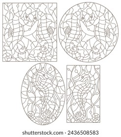 Set contour illustrations of stained glass with sea horses on a background of seaweed, dark contour on a white backround