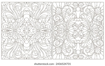 Set of contour illustrations of stained glass Windows with butterflies and flowers, dark contours on a white background