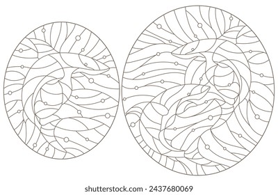 Set contour illustrations of stained glass whales killer whales and sharks on the background of water and air bubble