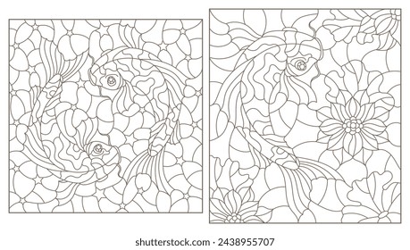 A set of contour illustrations of stained glass Windows with koi carp fishes on Lotus flowers , dark contours on a white background