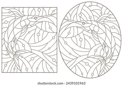Set of contour illustrations of stained glass Windows with fish, fish sailboat and fish sword, dark contours on white background