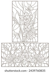 Set of contour illustrations of stained glass Windows with daffodils and butterflies flowers, , dark contours on a white background