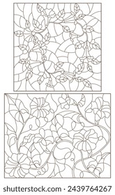 Set of contour illustrations in stained glass style with intertwined flowers and leaves, dark outlines on a white background