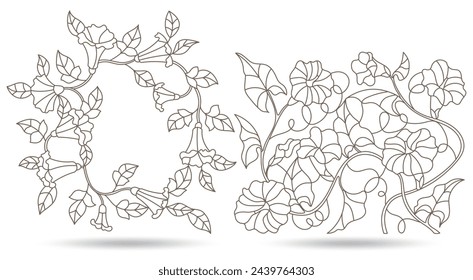 Set of contour illustrations in stained glass style with intertwined flowers and leaves, dark outlines on a white background