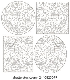 Set of contour illustrations of stained glass Windows with the moon and sky, round and rectangular image, dark contours on white background