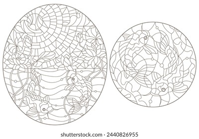 Set of contour illustrations in stained glass style with a pair of koi carp and Lotus flowers on a background of water and a Sunny sky, dark contours on a white background