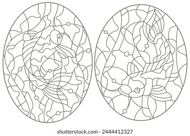 Set of contour illustrations in stained glass style with a pair of koi carp and Lotus flowers on a background of water and a Sunny sky, dark contours on a white background