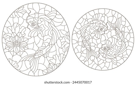 A set of contour illustrations of stained glass Windows with koi carp fishes on Lotus flowers , dark contours on a white background