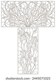 A set of contour illustrations of stained glass Windows with irises in frames, dark contours on a white background