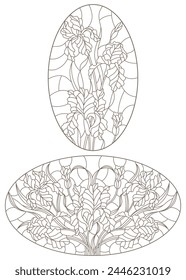 A set of contour illustrations of stained glass Windows with irises in frames, dark contours on a white background