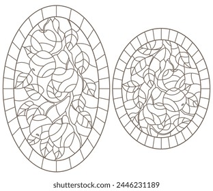 Set of contour illustrations of stained glass Windows with tree branches, Apple tree branch with ripe fruit and leaves, dark contours on white background