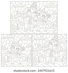 A set of contour illustrations of stained glass windows with a cat and a dog, dark contours on a white background