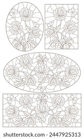 Set of contour illustrations in stained glass style with floral arrangements, dark contours on a white background