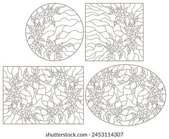 A set of contour illustrations of stained glass with flowers, dark contours on a white background