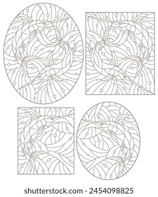 Set of contour illustrations of stained glass Windows with fish, fish sailboat and fish sword, dark contours on white background